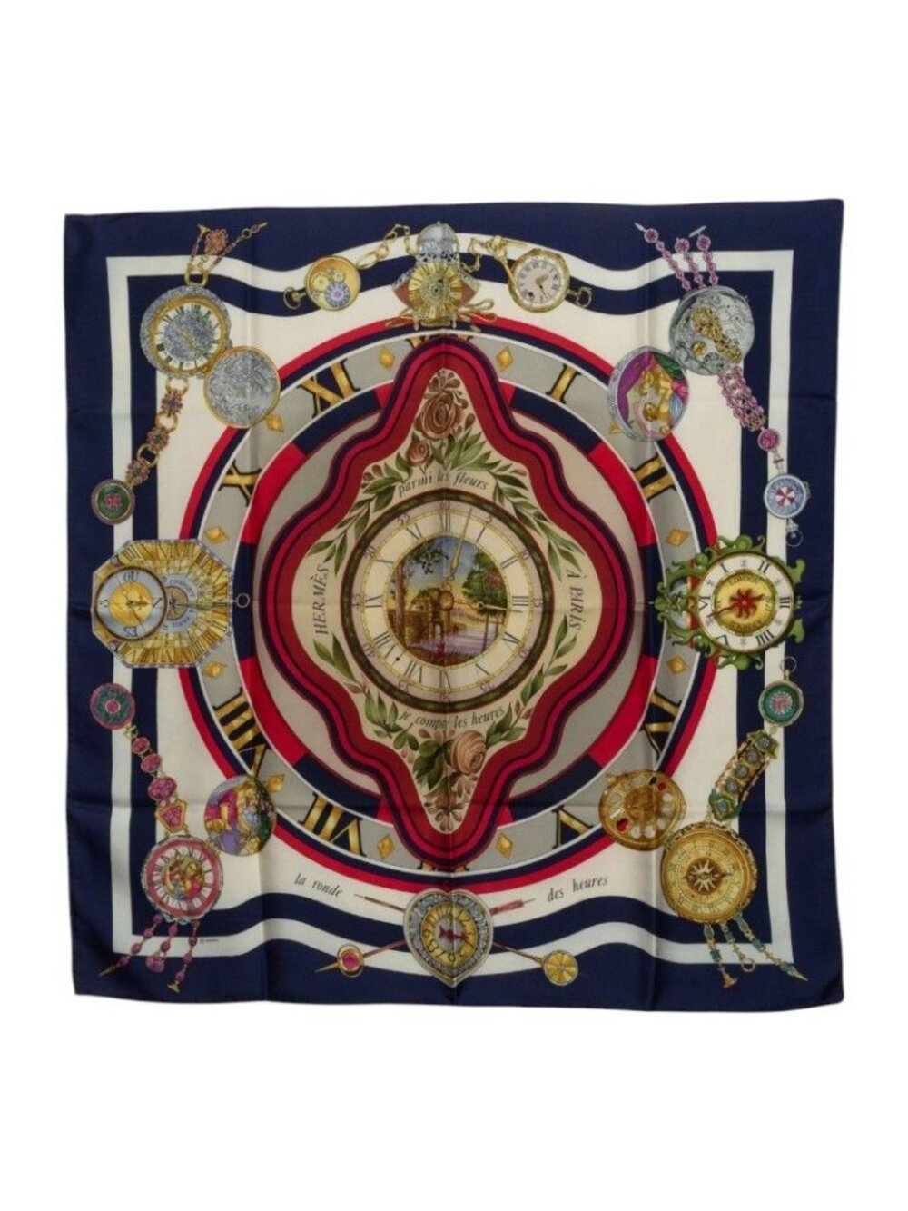 Hermes Carre 90 Parmi les Fleurs Je Compt Time Among Flowers Scarf Large Navy